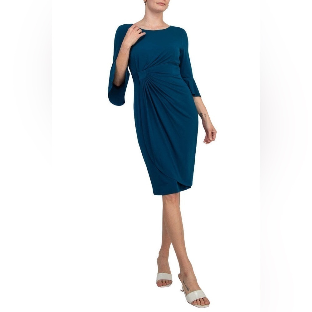 Northstyle Womens Size 18 Petite Gathered Draped Midi Dress Turquoise Blue Green